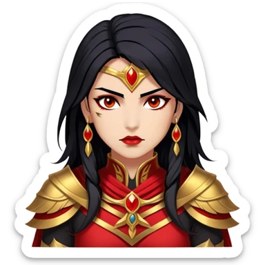 Cinematic Stunning Mulan Portrait Emoji, Fierce yet graceful, flowing raven-black hair, piercing brown eyes filled with determination, adorned in regal red and gold warrior attire, glowing with the strength and beauty of a true heroine, an elegant warrior in her prime! sticker