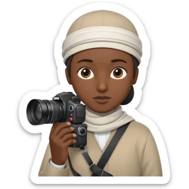 Black Muslim photographer, dark skin tone, dressed in a modest modern outfit, kufi cap, holding a DSLR camera (Canon/Nikon), focused expression, outdoor photoshoot setting, clean depth of field, highly realistic, detailed portrait, 4K. sticker