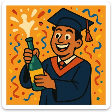 smiling Mexican graduate with a graduation cap, confetti flying, holding a champagne bottle that's popping, lively and fun scene sticker