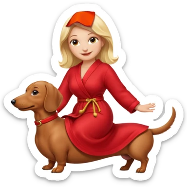 A blonde curvy woman riding on top of a dachshund wearing a red robe sticker