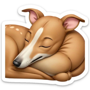 Meme-Worthy Cute Sleeping Fawn Greyhound Portrait Emoji, Head resting peacefully with a contented smile, showcasing a slender build and a luxuriously smooth fawn Fur, eyes shut in a serene nap, Simplified yet hilariously adorable features, highly detailed, glowing with a soft, drowsy light, high shine, relaxed and utterly lovable, stylized with an air of playful laziness, bright and heartwarming, soft glowing outline, capturing the essence of a comically sleepy racer, so meme-worthy it feels like it could instantly become the next viral sensation of adorable slumber! sticker