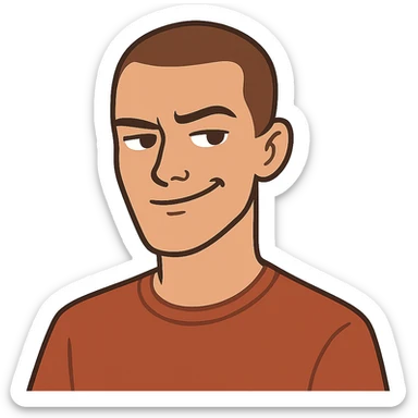 flat toon style Rafe Cameron from Outer Banks, buzz cut, smirking sticker