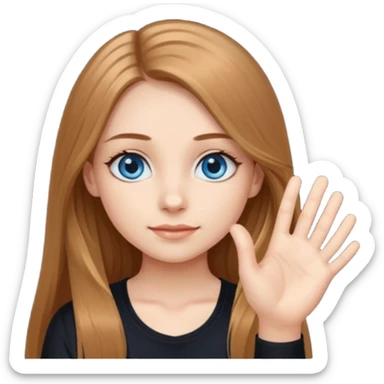 A girly girl with long eyelashes, very long light brown hair, blue eyes, with her palm up. with black undershirt sticker