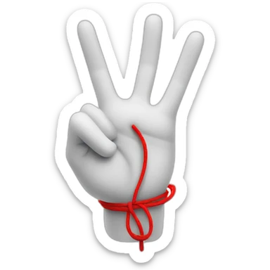 white 3d cartoon hand doing peace sign with a red string on pointy finger sticker
