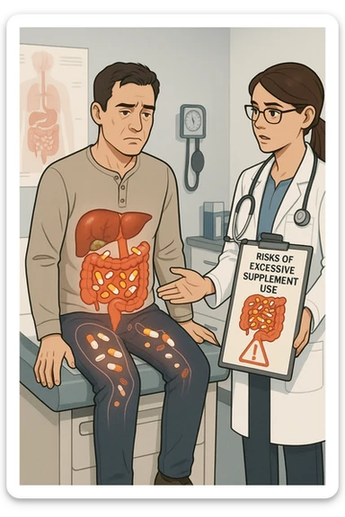 a man sits on a doctor’s examination table, looking fatigued and uncomfortable. A transparent anatomical overlay reveals his liver and intestines, both appearing inflamed and congested, with stylized supplement capsules and pills scattered throughout the digestive tract. The doctor stands nearby, holding a chart that highlights the risks of excessive supplement use. The mood is clinical and educational. sticker