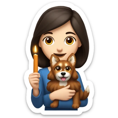 White girl with long wavier dark brown hair holding a menorah for Hanukkah with her fox lookalike dog  sticker