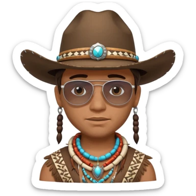 cute Indigenous tribal male portrait, head and shoulders only, cowboy hat, sunglasses, tribal jewelry, confident expression, 3D cartoon, mobile game icon style, clean background, no text, no watermark
 sticker