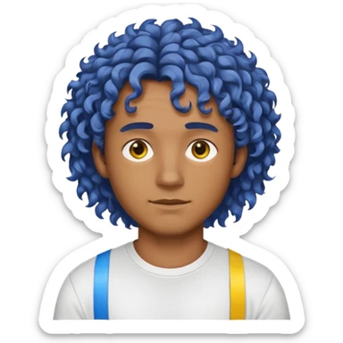 Make me an emoji that has a guy with a white shirt and yellow tape around the shirt with brown and blue spots hair make the hair curly make the yellow tape go around it sticker