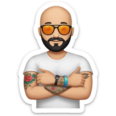  Bald man with sunglasses black beard saying hi with only one colorful tattoo on forearm  sticker