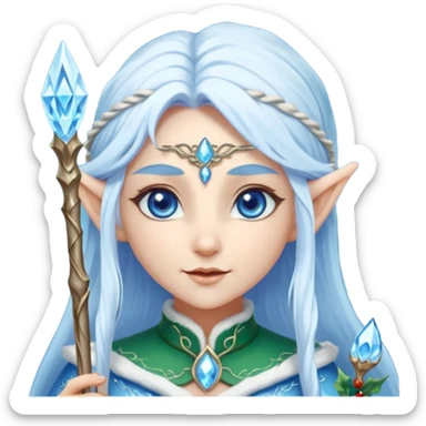 Legendary fantasy Christmas elf portrait icon, Santa Claus and Snow Maiden inspired, ancient winter spirit style, long flowing white-blue hair, glowing frost eyes, crystal staff, elegant elven features, divine winter magic aura, icy silver color palette, highly detailed but clean emoji icon sticker