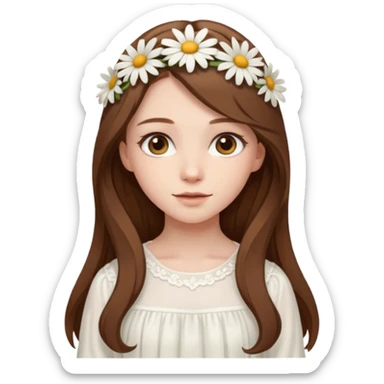 Girl with long brown hair, pale skin, daisy hairclips, long sleeved white flowy dress sticker