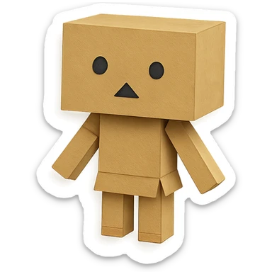 Danbo, the cardboard robot, in a softly lit room with wooden floor, cartoonish style, clean lines, pastel palette, cozy and nostalgic mood sticker
