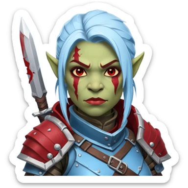Fantasy Christmas orc legion soldier icon, iron tundra army theme, heavy winter armor, disciplined brutal look, cold steel armor cracked with frozen crimson lines, bloodfrost effect, icy blue and dark red color palette, minimal clean emoji style, female variant sticker
