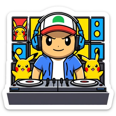 Hot handsomeb muscular 6ft tall ash ketchum being a  dj for a bunch of pikachus sticker