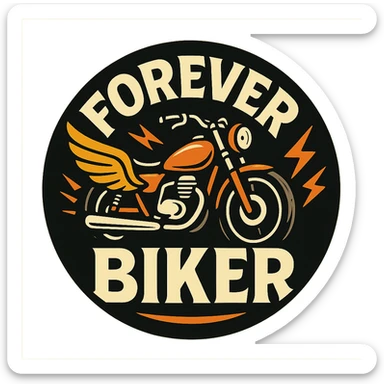 circular transparent background design for motorcycle cap, text 'FOREVER BIKER', motif: wing, motorcycle, lightning, energetic style sticker