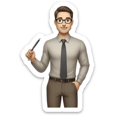 Pale skinned fit man with dark brown hair in gray jacket, beige office shirt, brown tie, brown pants and vintage glasses Writing on the flipchart sticker