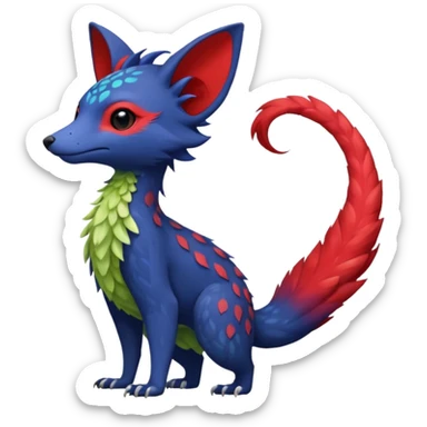 Feral Rare Fantasy vibrant tropical red and indigo and lime-collred Vernid-Trico-species-creature by LiLaiRa, random markings, tufted tail, tufted ears, full body sticker
