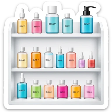 big long white shelf with one serum bottle labeled beauty brand and big sticky note next to it sticker