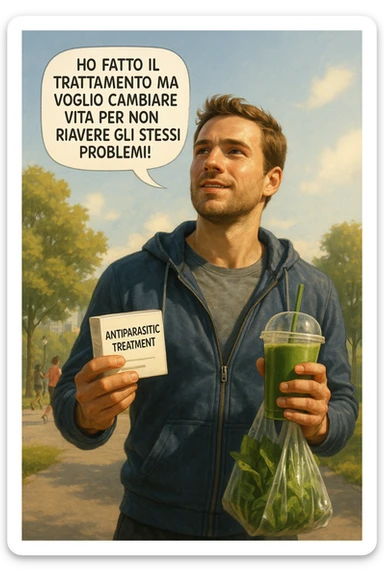 A realistic, cinematic illustration of a man in his early 30s with a determined and hopeful expression, standing outside under a bright morning sky, holding a small box labeled 'Antiparasitic Treatment' in one hand, while in the other hand he holds a fresh green smoothie or a bag of vegetables. A speech bubble near him says: ‘Ho fatto il trattamento ma voglio cambiare vita per non riavere gli stessi problemi!’ The man is wearing casual but clean and sporty clothing, symbolizing a fresh start, with the background showing a city park with green trees, morning light, and people jogging, indicating a healthy lifestyle. The atmosphere is bright, uplifting, and motivating, clearly illustrating the transition from treatment to lifestyle change to prevent future health issues. The style is realistic with warm tones, showing positive energy and commitment to change in italiano sticker