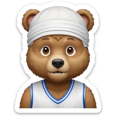 cute Russian grizzly bear wearing a white durag and a basketball jersey sticker
