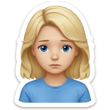 Sad blond girl with light weavy hair with a blue shirt but we can see only her face and neck and the top of the t shirt, no whole body sticker
