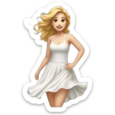 Hyperrealistic Full body Caucasian curvy beauty jumping white skirt back and front views strong wind sticker