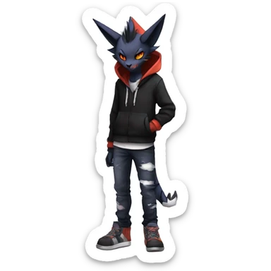 Cool Anthro Black Noivern-Absol-Litten-Pokémon with edgy stripes hoodie spiked collar punk Full Body sticker