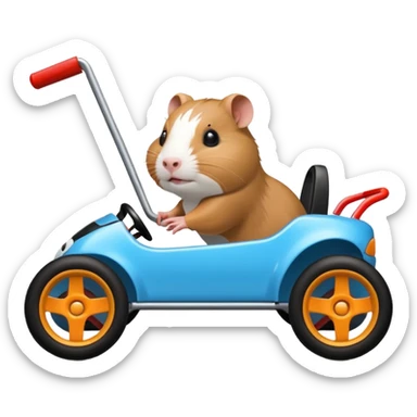 Racing drift car whose frame and suspension is made of shopping cart material and flat panel body is being professionally steered driven by a small thin Guinea pig  sticker
