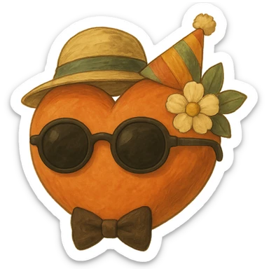Add sunglasses, a party hat, and a bow tie to the orange heart. Keep the soft and painterly ghibli style with no background as in the reference image. sticker