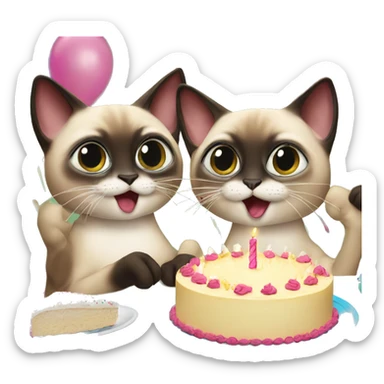two siamese cats at a birthday party eating cake sticker
