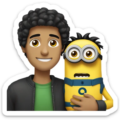 white male, brown eyes, black hair hugging and holding a minion with green eyes sticker