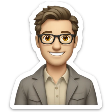 Joyful Pale skinned Fit Man With dark brown hair in gray jacket, beige office shirt, Brown pants and vintage glasses. His thrumbs up sticker