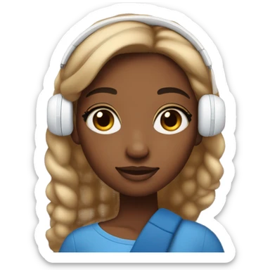 A girl with brown skin a little lighter than that listening to music on airpods and holding iphone 15 blue color sticker
