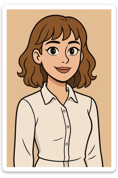 cartoon-style AI avatar, 22-year-old woman, brown eyes, light brown shoulder-length hair with soft curls and bangs, light makeup, white dress shirt sticker