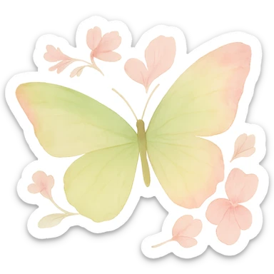 Create a one-to-one butterfly as in the example image, with the main colors being #c0ff53 green and pink. Include all flowers and details exactly as in the example. Use watercolor art style. Remove the background. sticker