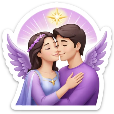 White brunette man with rays of light Heart kissing pastel purple angel woman sticker