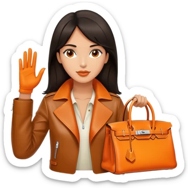 Beautiful exotic and tan woman wearing a leather Hermes jacket. She has an orange Hermes Birkin Bag. I want the image to be close up.  sticker