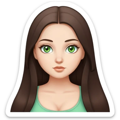 Curvy but beautiful brunette girl, very light green eyes, pin straight super long hair, modern style sticker