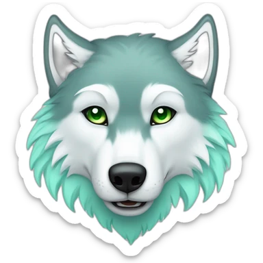 light turquoise and white wolf with green eyes and one eye is grey and dead sticker