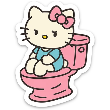 a pink toilet with Hello Kitty sitting, pastel colors sticker