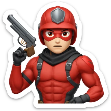 redhood with helmet and visor and pistol sticker