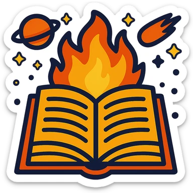 Keep the fun event icon with a book and fire, space themed, in vibrant toon style. Remove the background and make the icon transparent. sticker