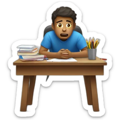 Sitting at his desk Terrified student learning stressed out for exam on desk sticker