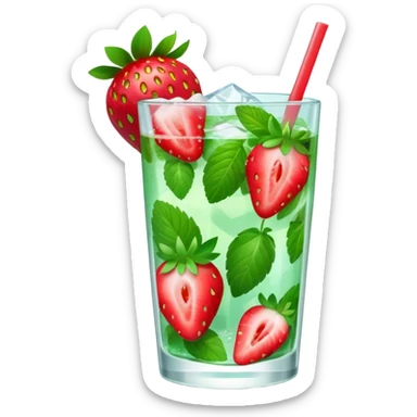 A 3D cartoon glass of strawberry mojito with mint leaves, ice cubes, and sliced strawberries, condensation on glass, bright lighting, Memoji-style realism. sticker