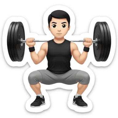 Hombre de cabello negro, tez moreno claro, vestido con playera negra, pants gris y tenis blancos tipo jordan haciendo sentadilla libre con barra con un disco de 20 kilos por lado visto de perfil  sticker