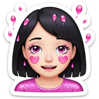 black hair girl crying with pink glitter tears, smiling, emoji style sticker