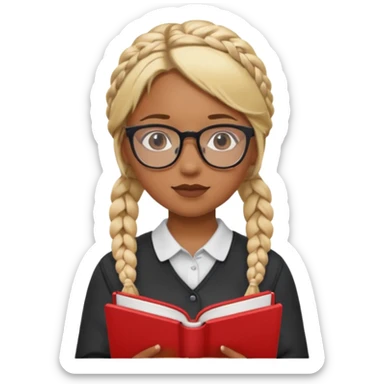 A student, girl, brown skin, braid blonde hair, wearing glasses, hold red book in front of their chest sticker