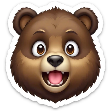 Cinematic Comical bear cub Portrait Emoji, Head tilted dramatically with an exaggeratedly amused expression, featuring a striking, glossy dark brown fur with bold fur texture, wide, expressive eyes filled with playful disbelief, Simplified yet hilariously expressive features, highly detailed, glowing with a slightly sassy glow, high shine, dramatic yet playful, stylized with an air of cheeky wilderness mischief, bright and endearing, soft glowing outline, capturing the essence of a spirited and over-the-top bear cub, so meme-worthy it feels like it could roar its way into internet fame instantly! sticker