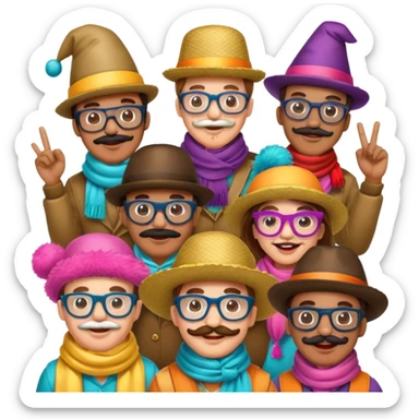 people wearing fun party costumes, mustaches, big glasses, boas scarves, funny hats, having fun celebration  sticker