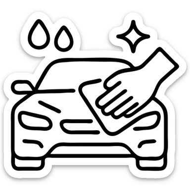 outlined icon of a high-end car with a hand wearing a black glove cleaning the hood, water drops, shine, silver and white details, smooth motion lines, modern and clean sticker
